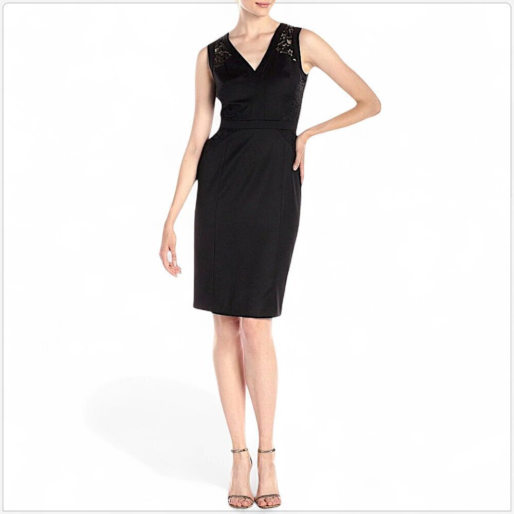 Anne Klein Black Lace Trim V-Neck Sheath Tank Dress Evening Cocktail Fitted 4